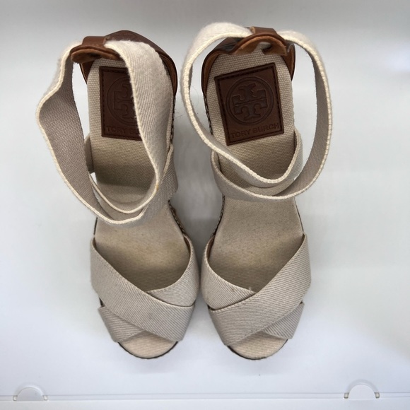 PRE-OWNED Tory Burch Nat. Adonis Crisscross Esp. Wedge Sandals Sz 7B - Picture 3 of 10